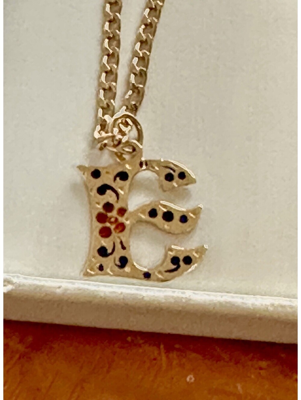 Vintage Letter E Enameled 14k Pendant On 14k Gold Chain Unique Rare